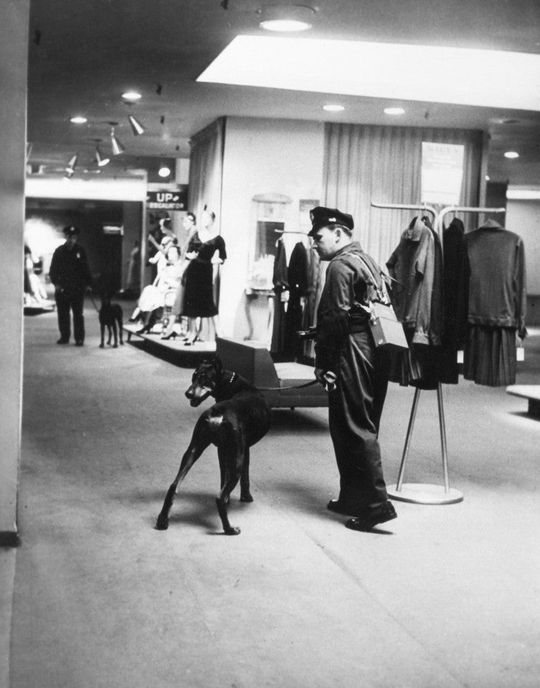 New York Macy's 1955 Security Guard and Dog Fine Art Print by Granger Collection