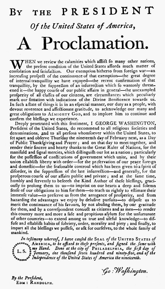 Thanksgiving Proclamation Art Print by George Washington - 1795