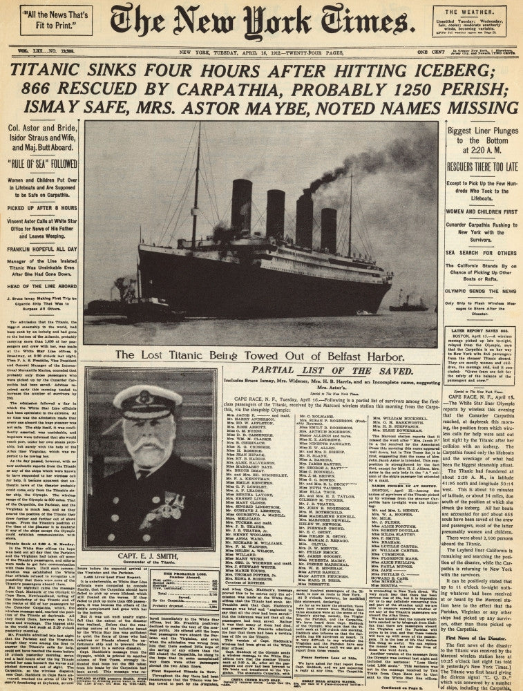 Titanic Headline Fine Art Print - Front Page of The New York Times, 1912