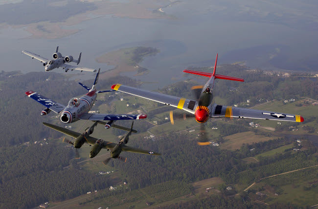 A-10 Thunderbolt, F-86 Sabre, P-38 Lightning & P-51 Mustang Flight Fine Art Print by Stocktrek Images