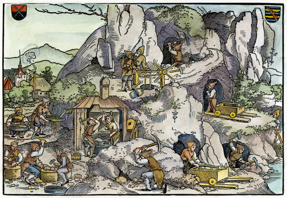 Gold Miners in 16th Century European Village Poster Print