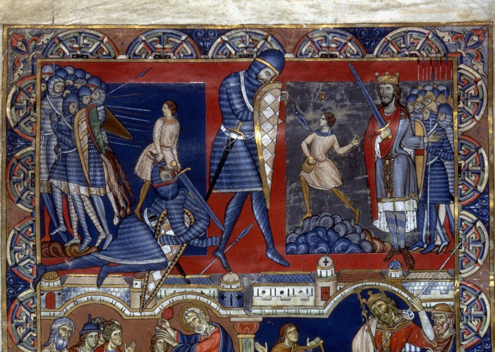 David and Goliath Illumination from 12th Century English Bible Fine Art Print