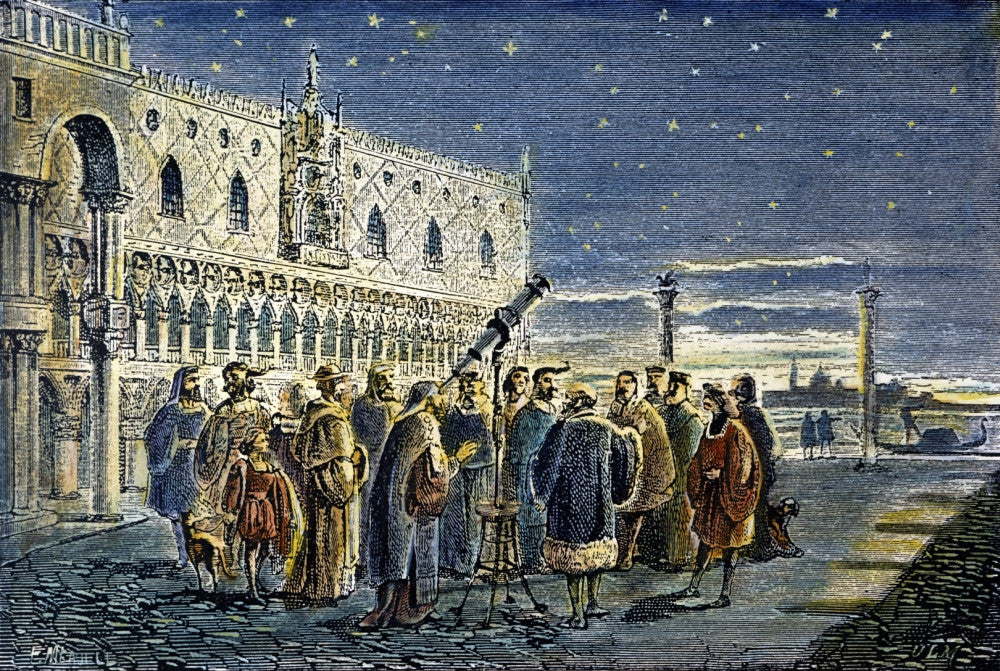 Galileo Demonstrating His Telescopic Discovery of Jupiter's Satellites - 19th Century Colored Engraving