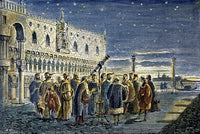Galileo Demonstrating His Telescopic Discovery of Jupiter's Satellites - 19th Century Colored Engraving