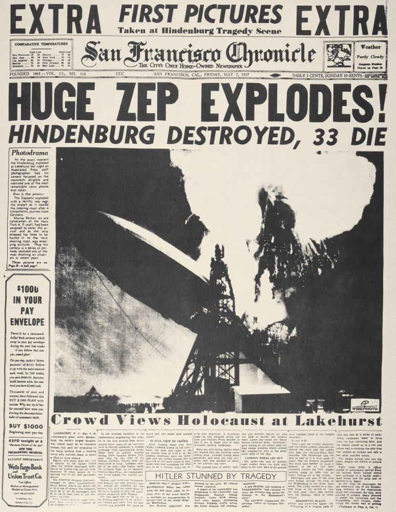 Hindenburg Explosion Front Page San Francisco Chronicle Print - 1937