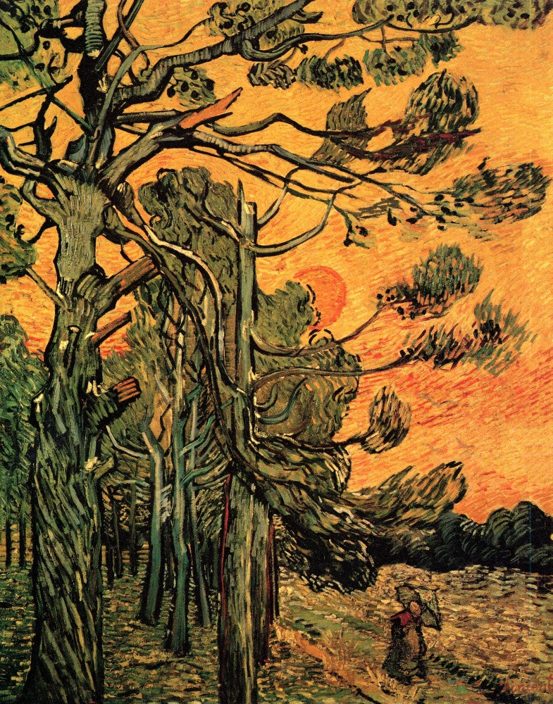 Pine Trees Against a Red Sky with Setting Sun Fine Art Print
