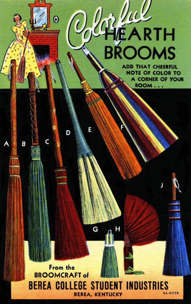 Broomcraft Colorful Hearth Brooms Advertising Poster Print by Curt Teich & Company