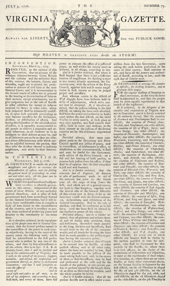 Virginia Gazette Front Page Poster Print - July 5, 1776 by Granger Collection