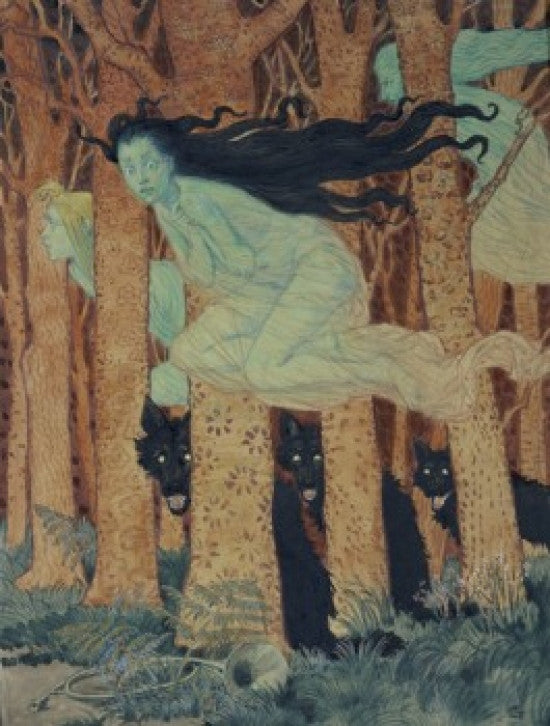 Three Women and Three Wolves Fine Art Print by Eugene Samuel Grasset