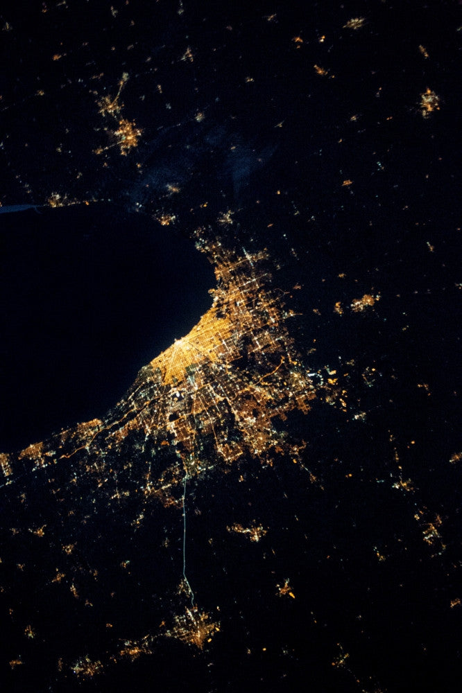 Nighttime Satellite Image of Chicago and Lake Michigan Fine Art Print by Panoramic Images
