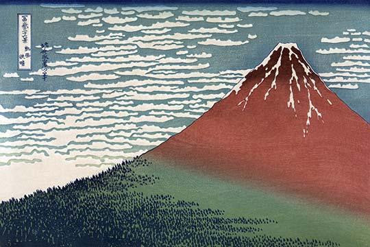Bright Red Snow-Capped Mount Fuji Poster Print by Katsushika Hokusai