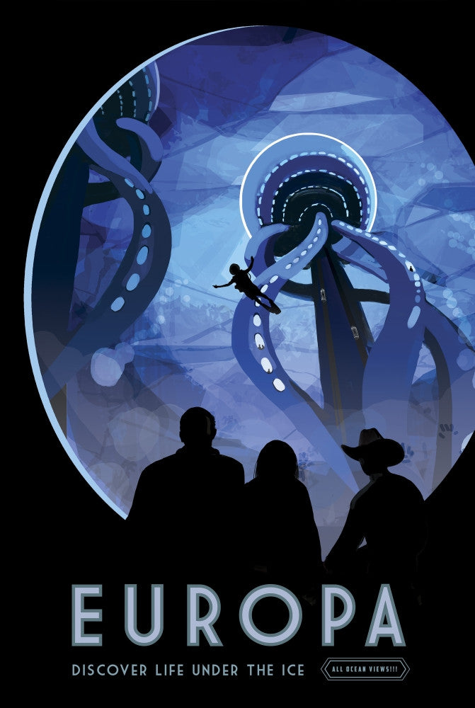Retro Space Travel Poster of Future Exploration on Europa by Stocktrek Images