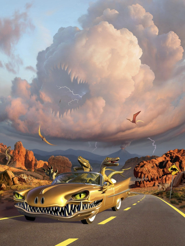 Two Velociraptors in a Scary Car - Prehistoric Landscape Print