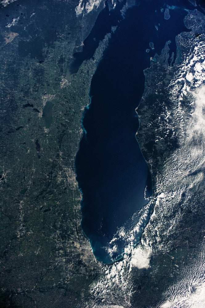 Satellite View of Lake Michigan with Chicago and Milwaukee Fine Art Print by Panoramic Images