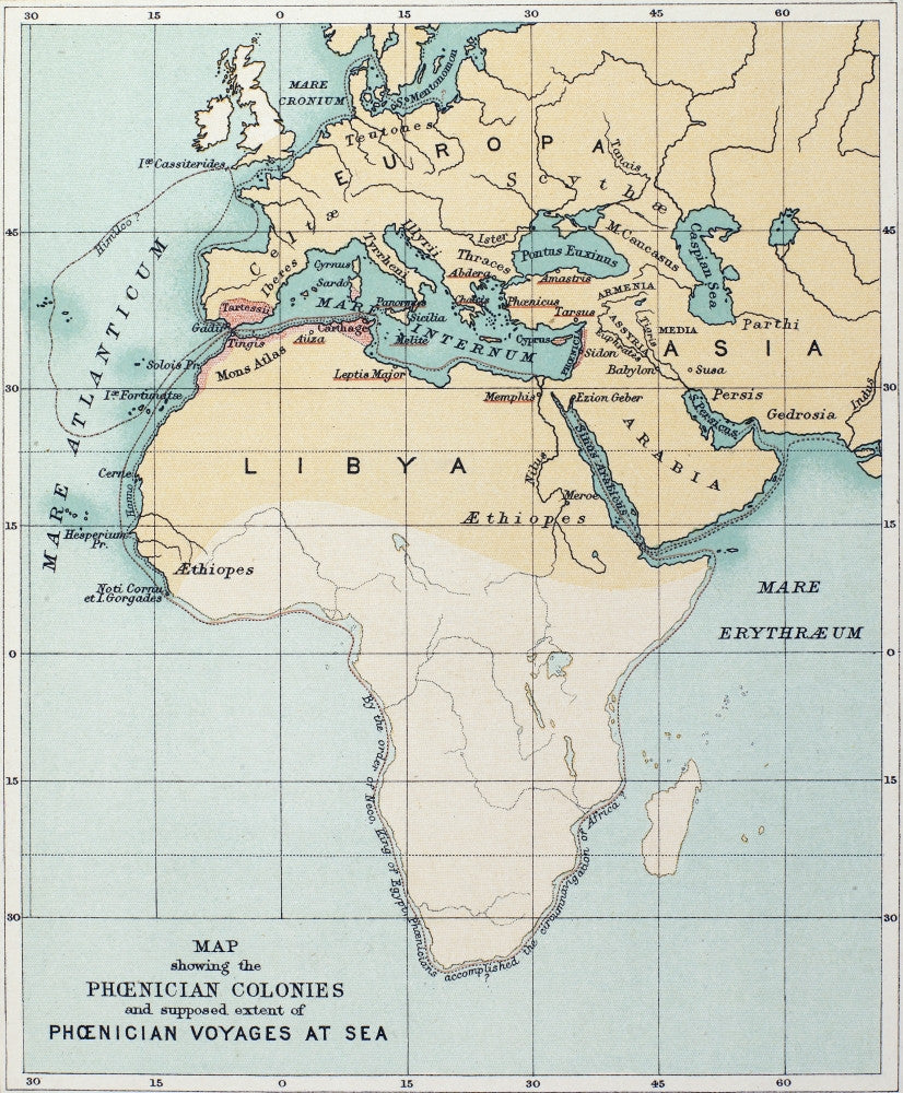 Phoenician Empire Map Print - Routes of Ancient Colonies by Granger Collection