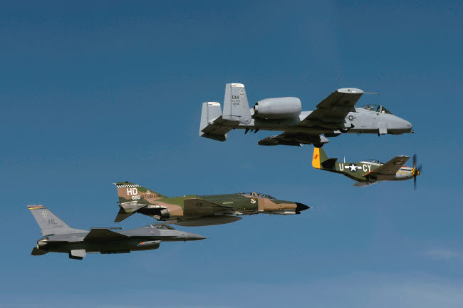 Heritage Flight Aircraft Poster Print - P-51 Mustang, F-4 Phantom, A-10 Thunderbolt, F-16 Fighting Falcon by Stocktrek Images