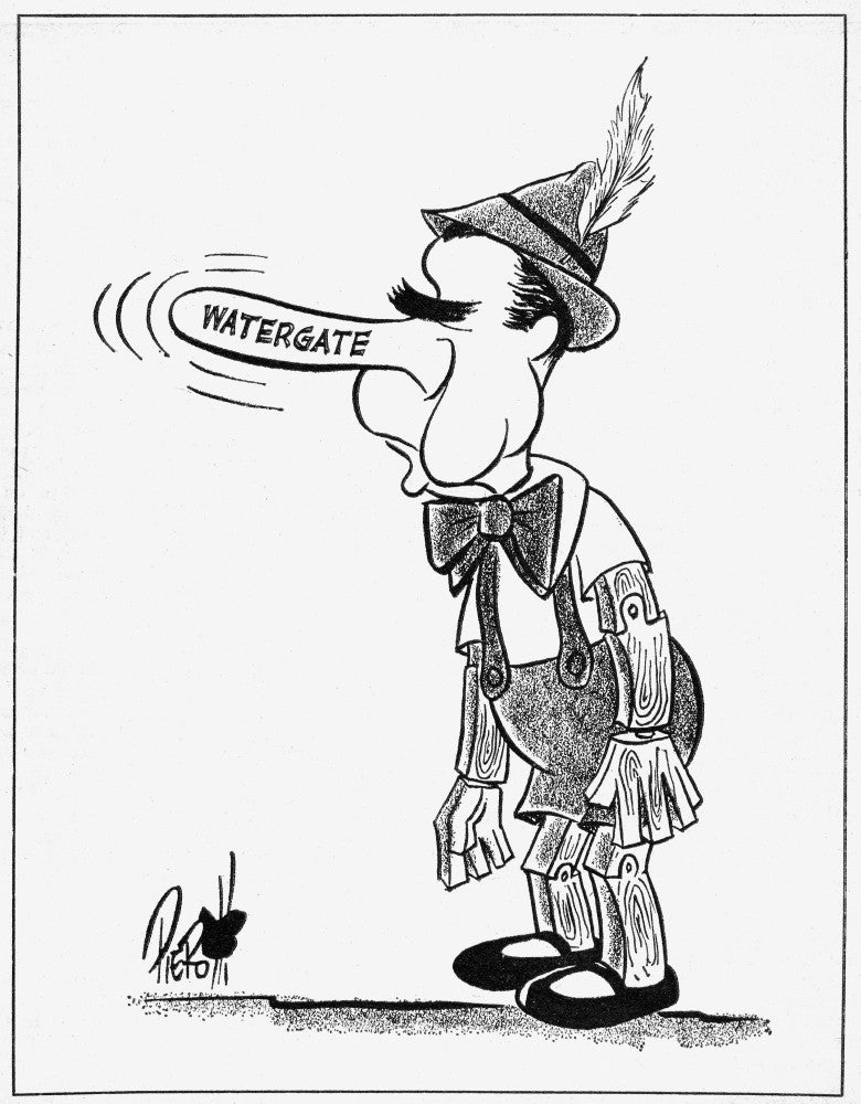 Watergate Scandal Cartoon Print Featuring Richard Nixon as Pinocchio by John Pierotti