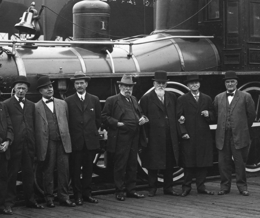 James Jerome Hill and Associates with the William Crooks Locomotive Fine Art Print by Granger Collection