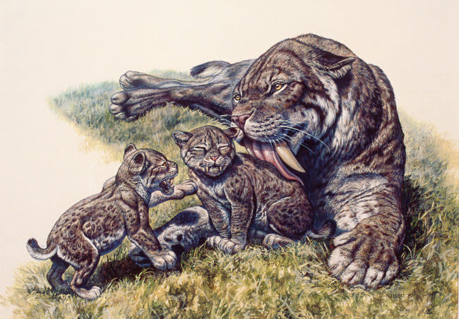 Smilodon Sabertooth Mother and Cubs Fine Art Print by Mark Hallett