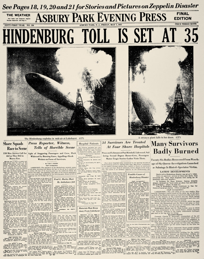 Hindenburg Exploding 1937 - Front Page of Asbury Park Evening Press Poster Print
