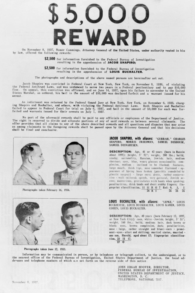 1937 FBI Wanted Poster Print Featuring Jacob Shapiro and Louis Buchalter
