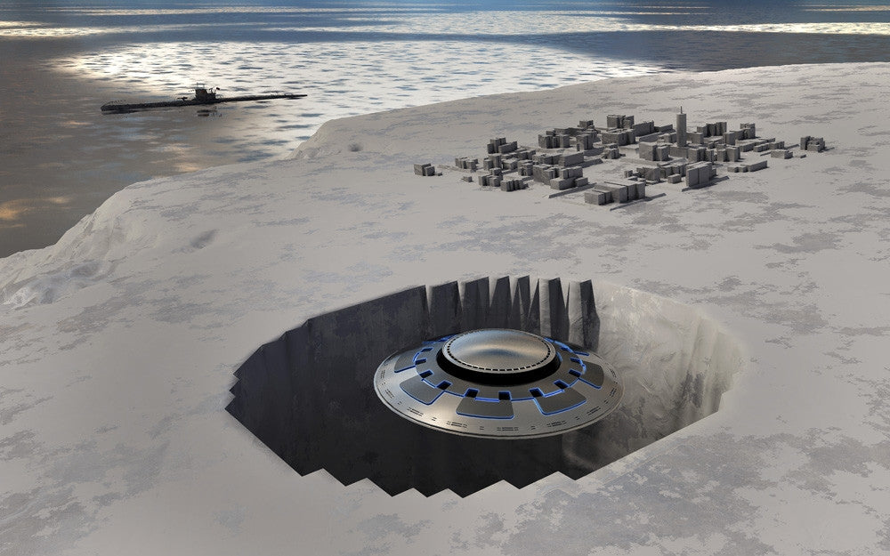 A German U-Boat with Flying Saucer at Antarctic Base Fine Art Print by Mark Stevenson