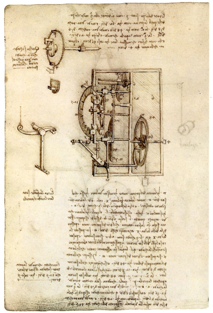 Leonardo da Vinci's Clock Mechanism Fine Art Print - Manuscript Page (c. 1495-97)