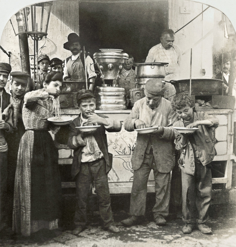 Spaghetti Vendor Fine Art Print - Serving Food in Naples, Italy, C1908