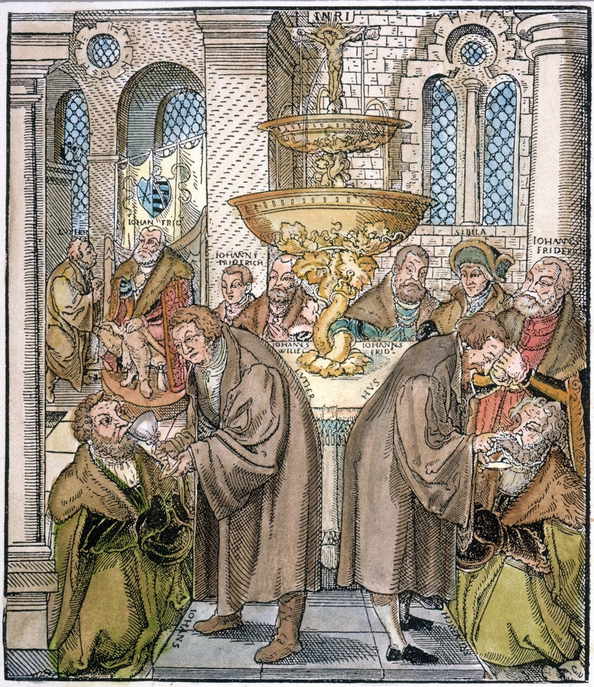 Martin Luther and Jan Hus Giving Communion Woodcut Print by Lucas Cranach