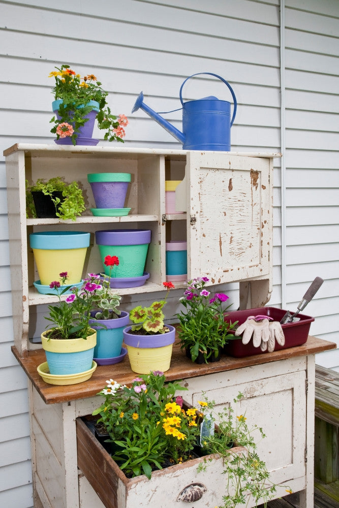 Potting Bench with Containers and Flowers Fine Art Print - Marion County, Illinois