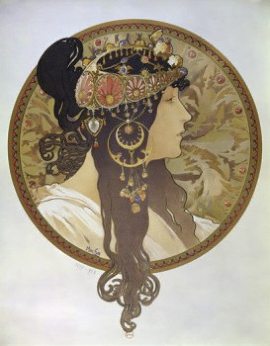 Medallion with a Brunette's Profile Fine Art Print by Alphonse Mucha
