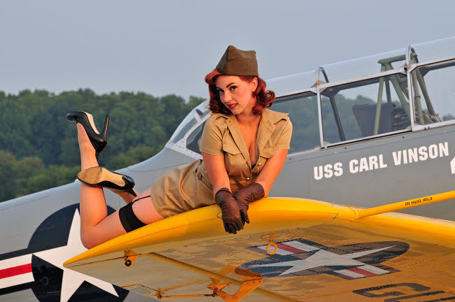 1940's Style Pin-Up Girl on T-6 Texan Aircraft Fine Art Print by Christian Kieffer