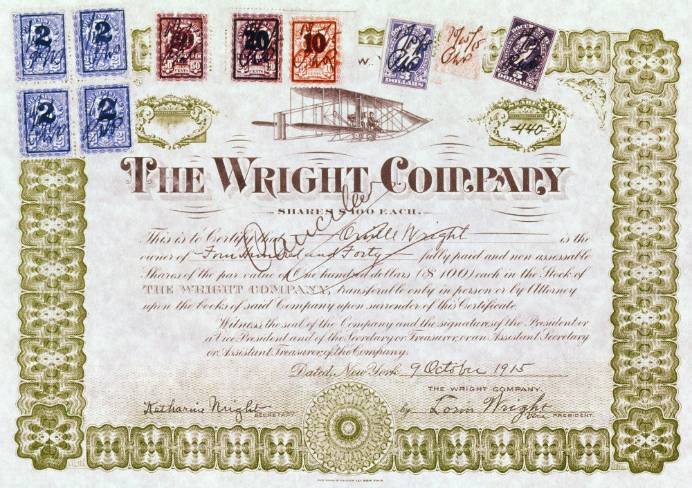 Wright Brothers 1915 Stock Certificate Fine Art Print by Granger Collection