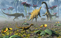 Dinosaurs in an Enchanted Garden Poster Print - Compsognathus, Stegosaurus, Triceratops, Nanotyrannus, and Camarasaurus