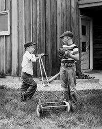 Boy Mowing the Lawn Fine Art Print