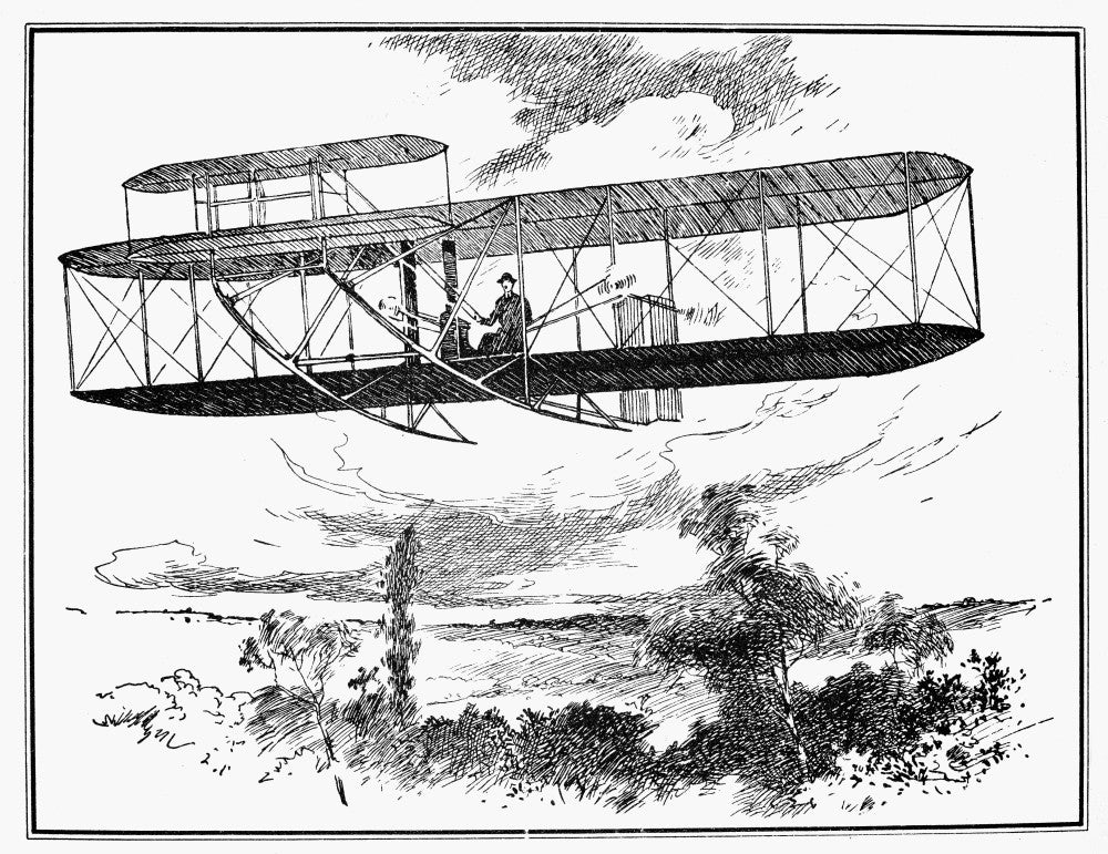 Wright Brothers Biplane in Flight Fine Art Print - Pen-and-Ink Drawing