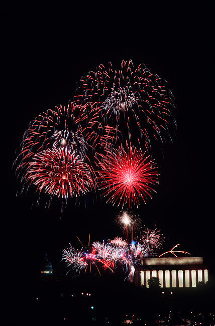Fireworks Over Lincoln Memorial Fine Art Print by Stocktrek Images