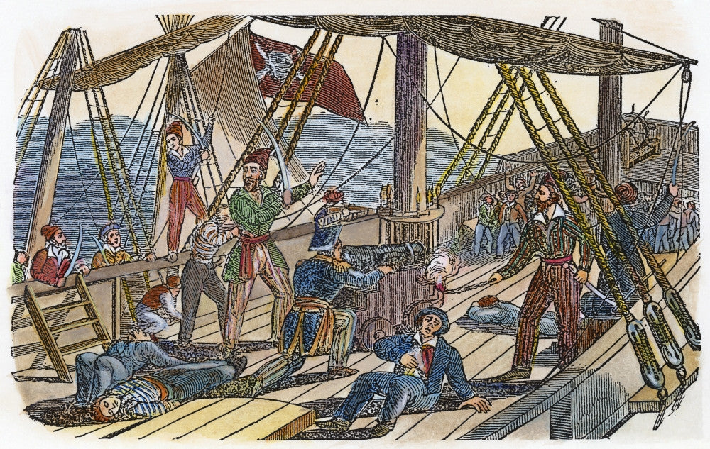 Jean Laffite and His Pirates Boarding a Merchant Ship Fine Art Print - Wood Engraving, 1844