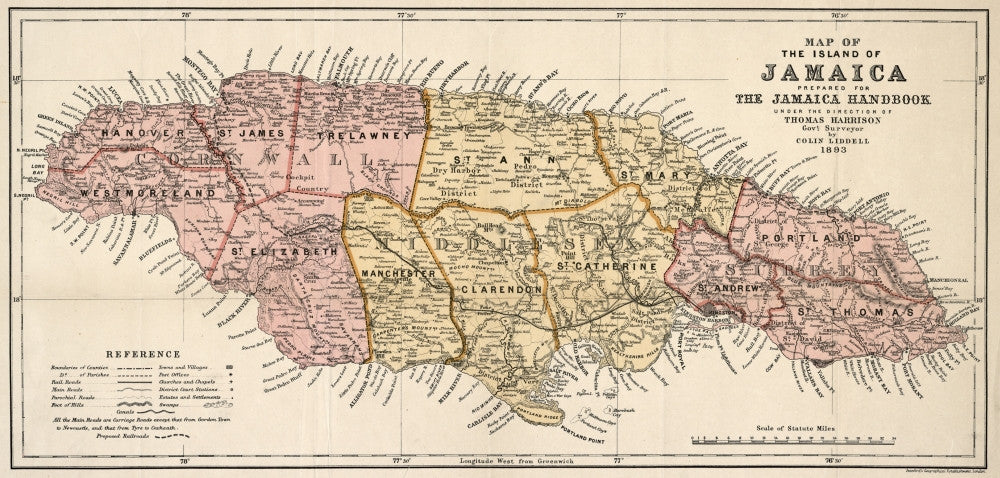 1893 British Map of Jamaica Fine Art Print by Colin Liddell
