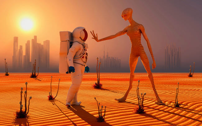 A Human Astronaut Meets a Reptoid Alien Fine Art Print by Mark Stevenson
