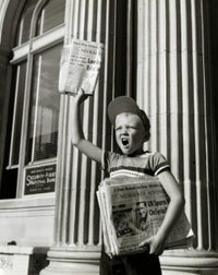 Boy Selling Newspapers in Front of a Building Fine Art Print