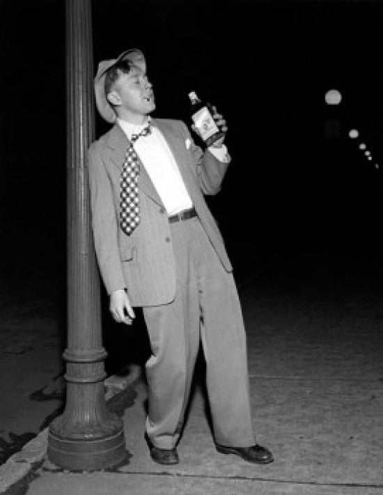 Drunk Mid Adult Man Leaning Against Lamppost Fine Art Print
