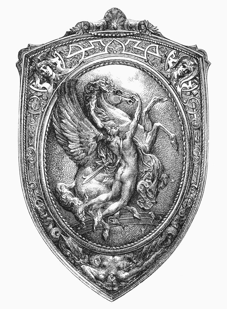 Perseus Taming Pegasus - French Renaissance Shield Engraving Poster Print