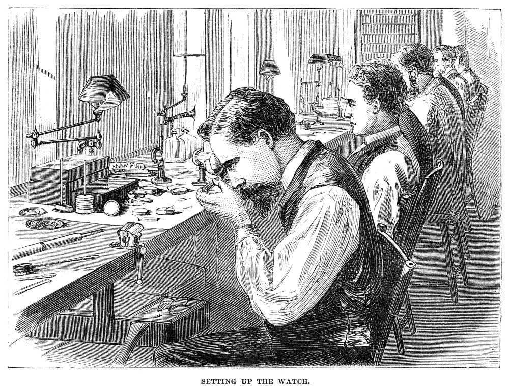 Watchmakers 1869 Wood Engraving Poster Print - Elgin Factory