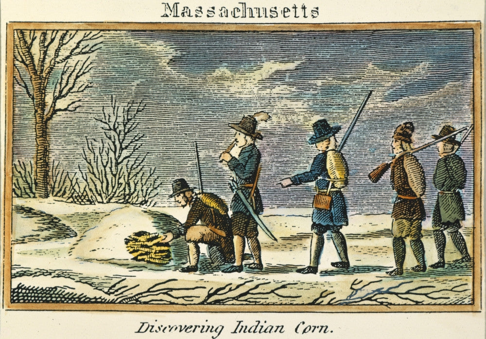 Pilgrims Discovering Native American Corn Engraving Print (1829) | Granger Collection