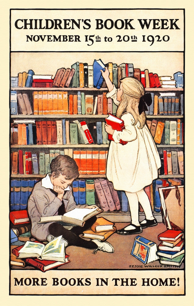 A Boy Reading and a Girl Reaching for a Book Fine Art Print by Jessie Willcox Smith