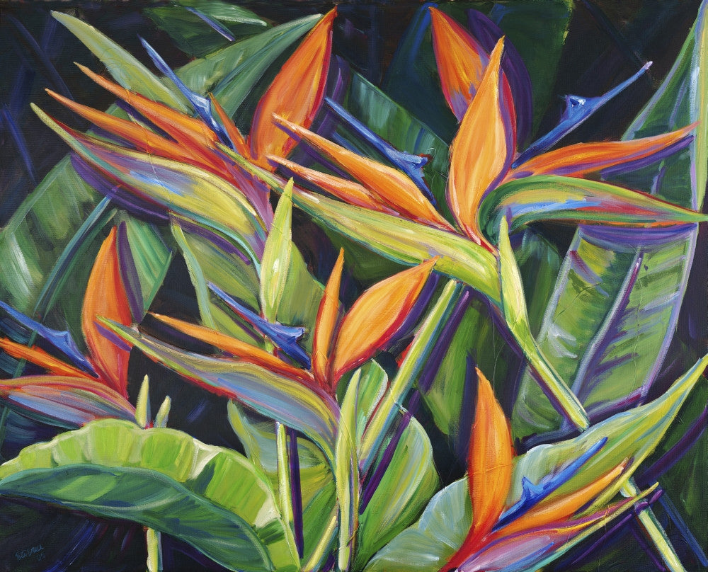 Dancing Birds and Bird of Paradise Flowers Acrylic Print by Patti Bruce