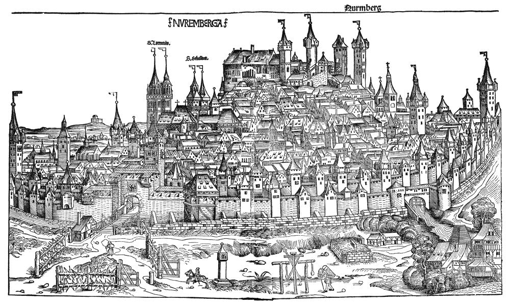Nuremberg City Overview Woodcut Print from 1493 | Granger Collection
