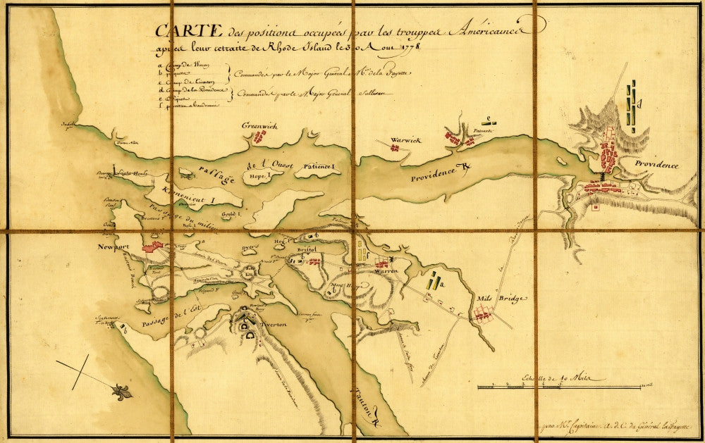 American Troops Position Map After Retreat from Rhode Island by Michel Capitaine du Chesnoy