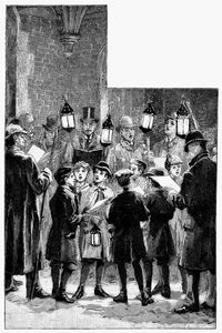 Christmas Carolers 19th Century Wood Engraving Poster Print by Granger Collection